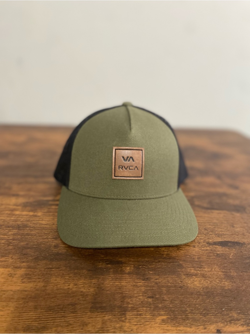 RVCA Olive Green and Black Trucker Hat with Leather Patch